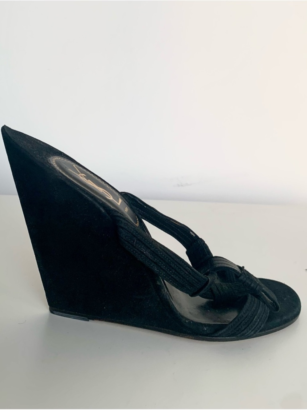 Yves Saint Laurent Black Suede Wedge Knotted Sandal
